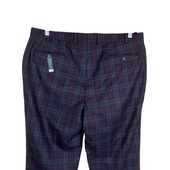 L-Ralph Lauren Mens Wool Blend Burgundy Plaid Flat Front Dress Pants Slim Fit - Picture 4 of 16